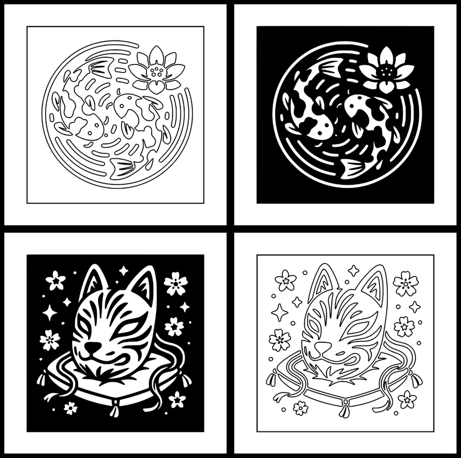 Four sample pages from Monochrome Japan, shown as outline and filled