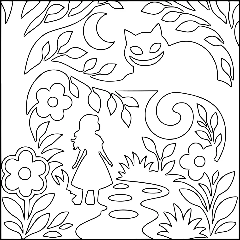 Outline coloring page: The Cheshire Cat