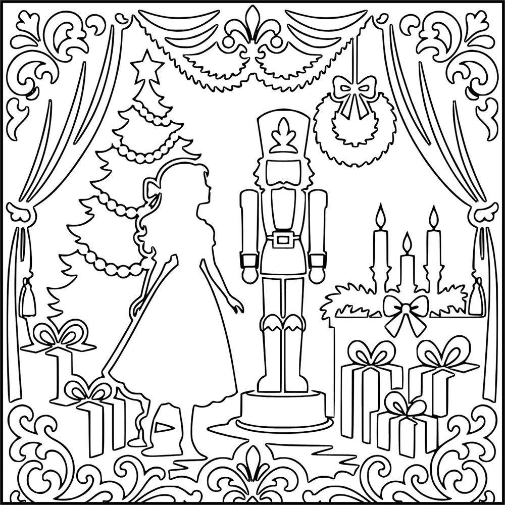 Outline coloring page: Clara and the Nutcracker by the Christmas tree