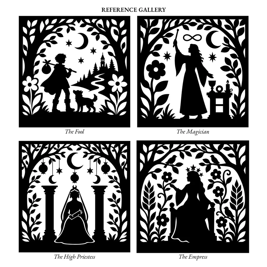Reference gallery page showing four finished Tarot silhouettes